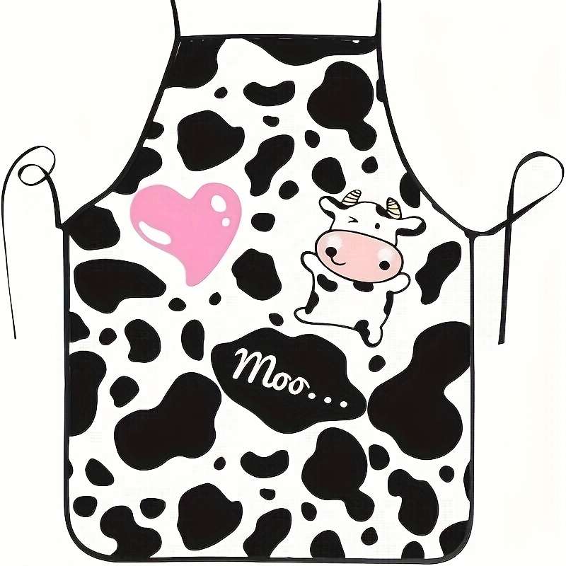 1pc Playful Cow Print Kitchen Apron Adjustable Neck Waist Durable Polyester Ideal for Cook