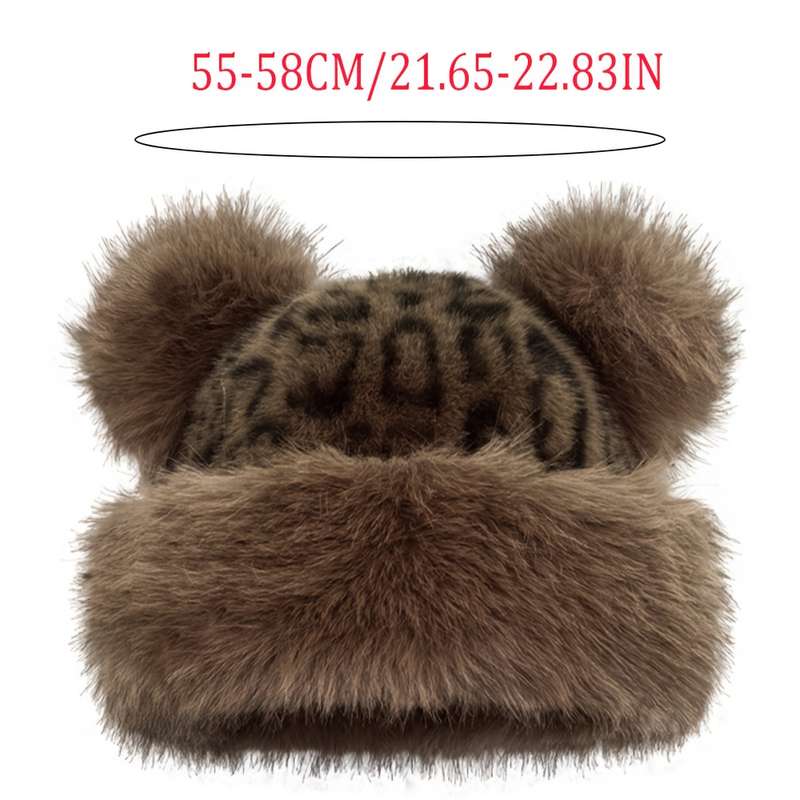1pc Thick Breathable Faux Fur Leopard Print Beanie with Bear Ears Chic Plush Hat for Women St