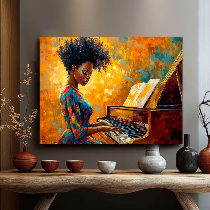 1pc Vibrant African-American Woman Playing Piano Canvas Art with Wooden Frame Colorful Retro Wall