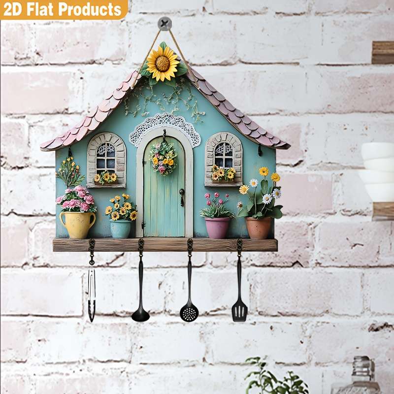 A Piece of Minimalist Colorful Wooden House Key Holder with Four Metal Hooks (30.0cm X 24.99cm) Sui
