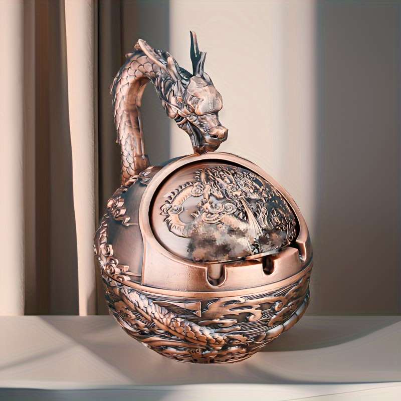 1pc Vintage Dragon Metal Ashtray with Lid Creative Spherical Design Anti-Fly Ash Animal Theme H