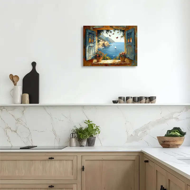 1pc Room Decor Nautical Coastal Landscape Canvas Wall Art Wooden Framed Seaside View with Sailing Bo