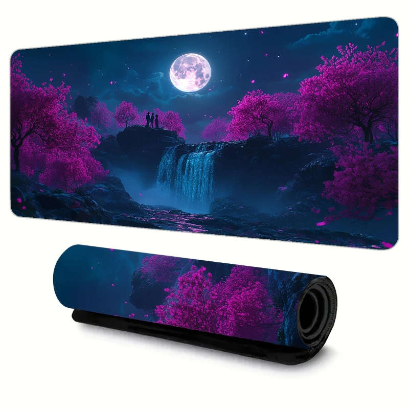 1pc 30x60cm Stunning Pink Cherry Blossom Waterfall Moonlit Scene Gaming Mouse Pad