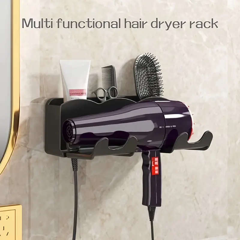 1pc Wall-Mounted Hair Dryer Holder with Storage Shelf Plastic Hanging Shelf for Bathroom No-Drill In