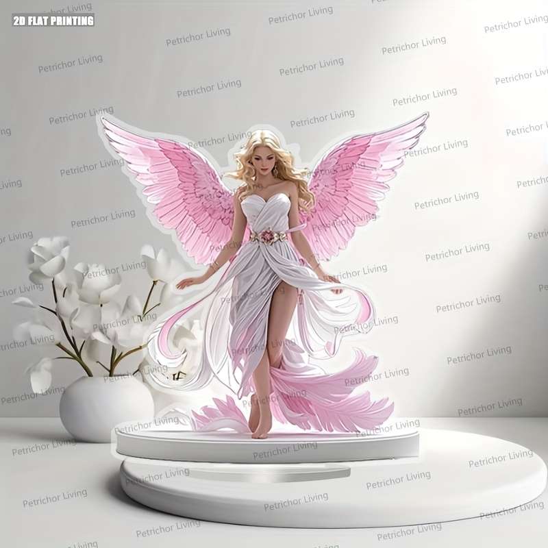 1pc 2D Flat  Bohemian Style  Print Acrylic Angel Desktop Decoration with Pink Wings Serene