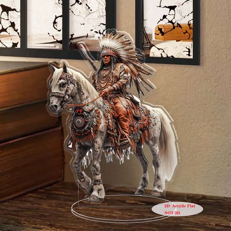 1pc 2D Flat   Bohemian Style Native American Chief  Acrylic Art Ornament Handcrafted Horseba