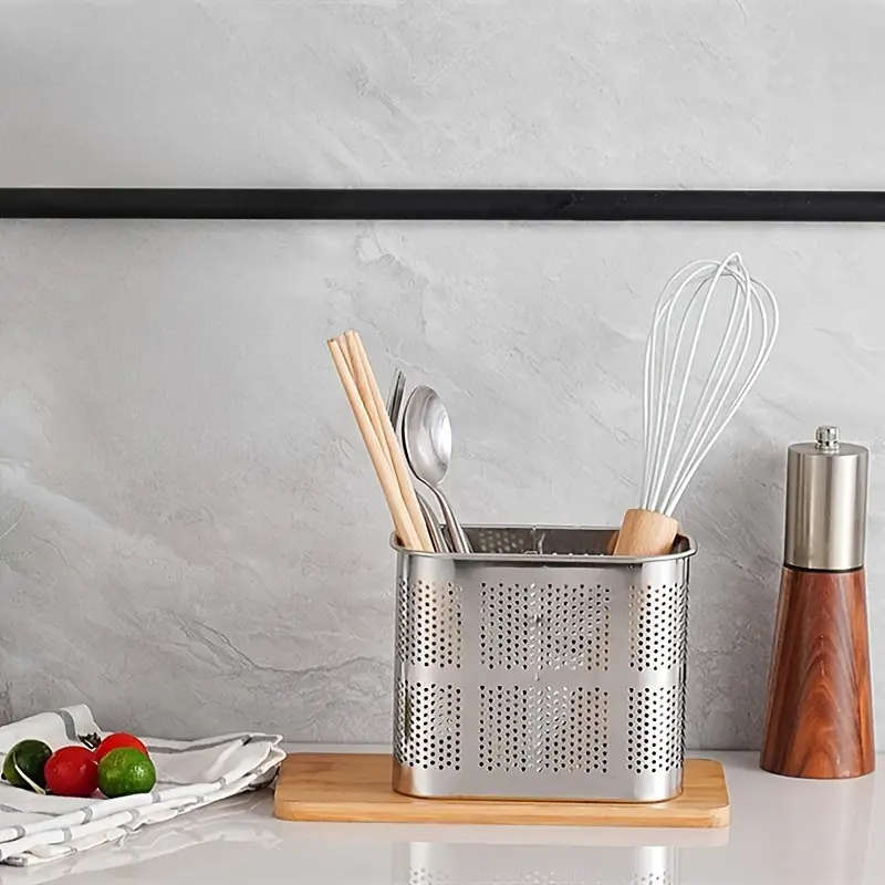 1pc Stainless Steel Chopstick Holder with Drain Rack Dual-Compartment Multi-Functional Storage Organ