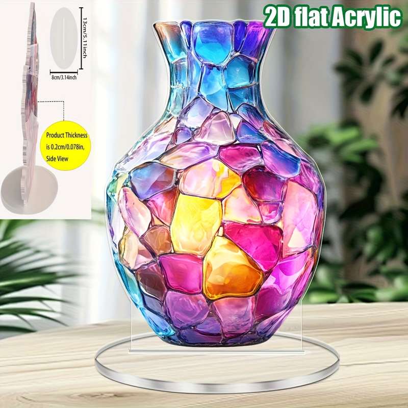1pc 2D Flat  Acrylic Bohemian Vase Vibrant Mosaic Design Multi-Purpose Tabletop Decor for Home O