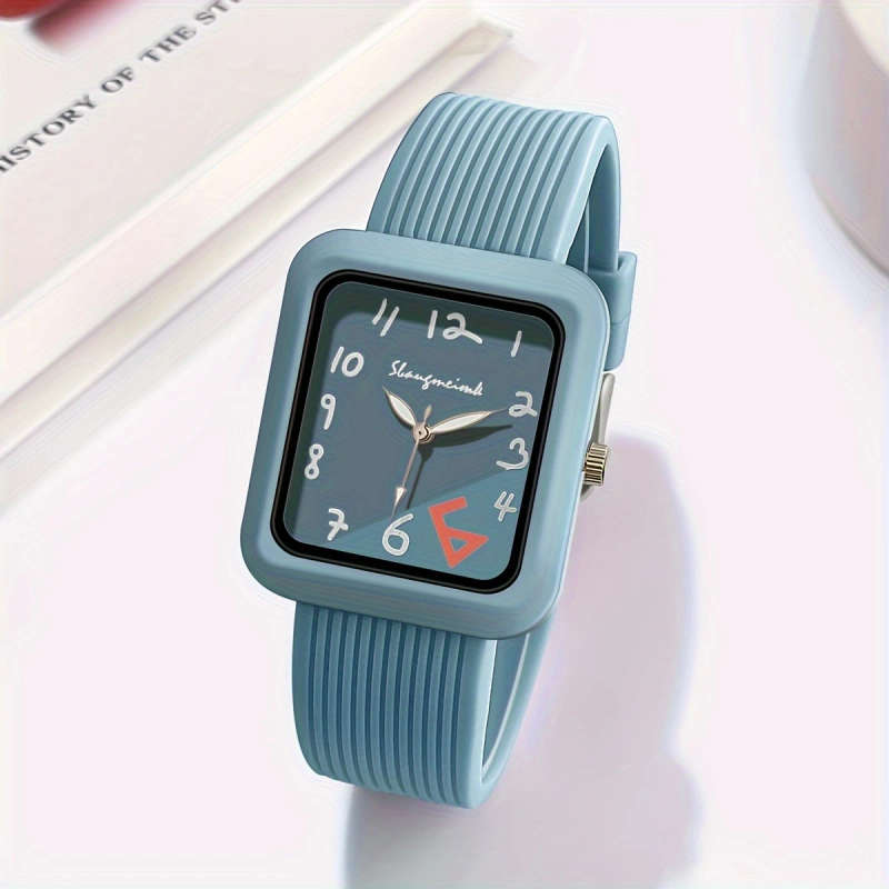 1pc Fashionable Quartz Watch With Striped Silicone Strap Colorblock Dial Rectangular Case Elegant