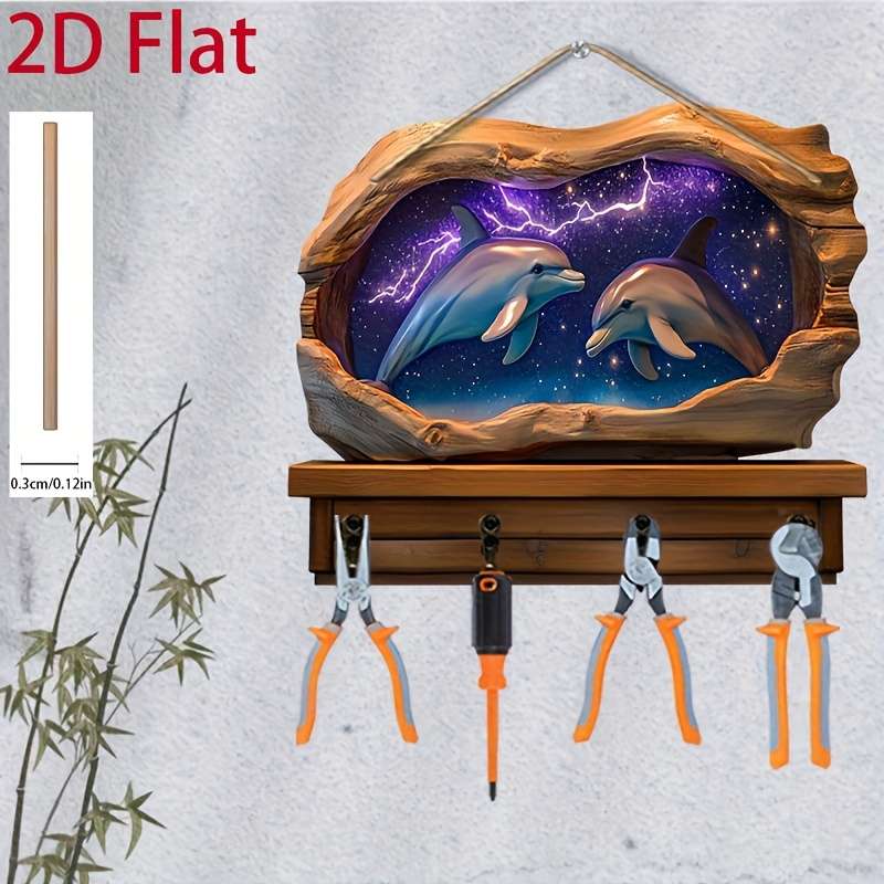 2D/Flat Dolphin Simple Colorful Wooden and Home Key Holder with Four Metal Hooks Wall Decor Porch