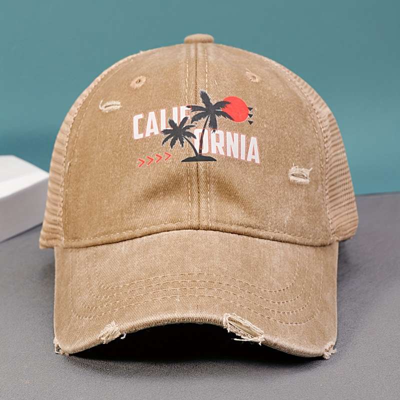 1pc California Beach Sunset Printed Cotton Baseball Cap with Mesh Back and Adjustable Snap Closure