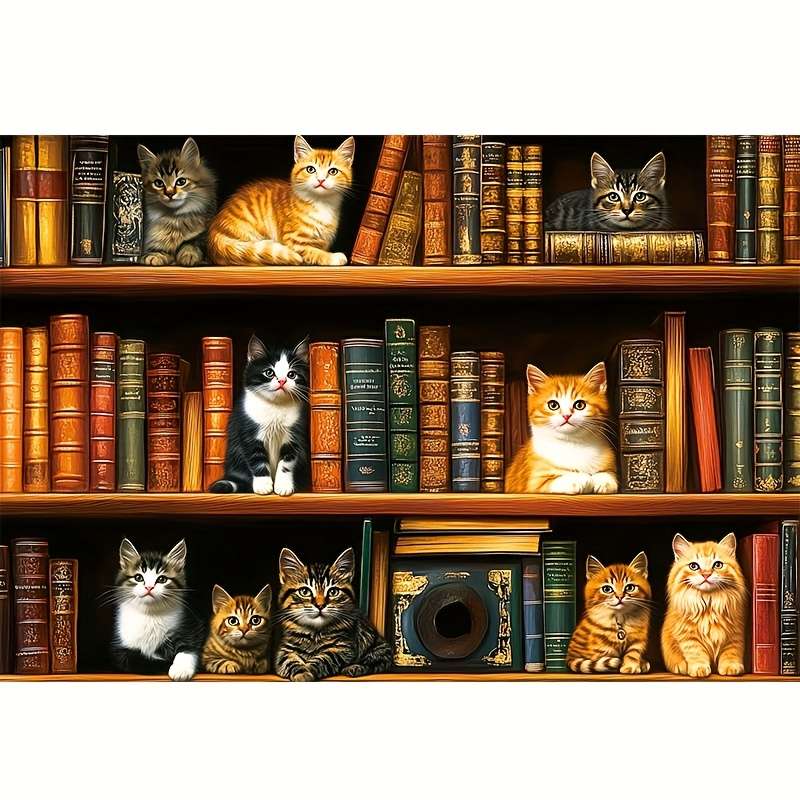 1000pcs Mini Jigsaw Puzzle Cute Cats on Bookshelf Design 38x26cm Gray Cardboard