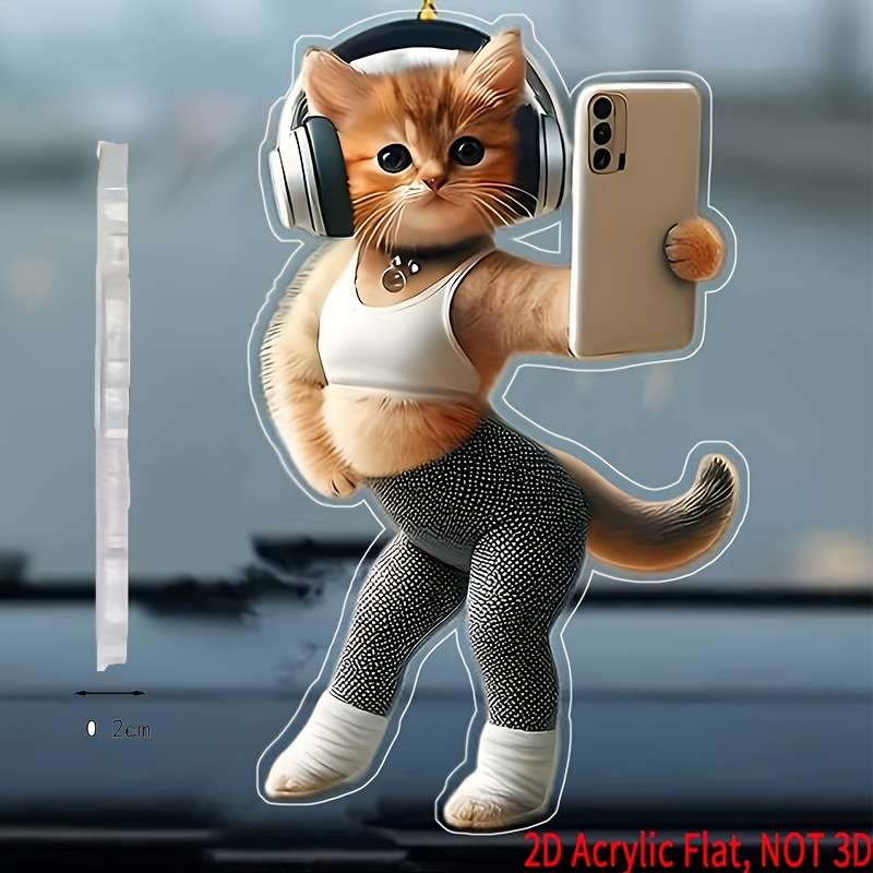 1pc 2D Flat  Printing Cute Fitness Kitten Pendant Acrylic Car Interior Pendant Home Bedroom Pendant
