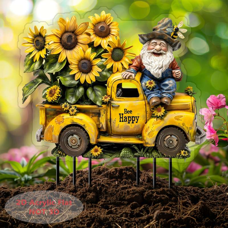1pc 2D Flat  Acrylic Bee Dwarf Old-Fashioned Male Truck Garden Stake Acrylic Flowerpot Landscape Si