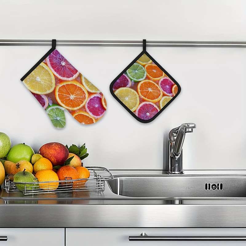 2pcs Citrus Fruit Slices Pattern Oven Mitts and Pot Holders Set Heat Resistant Microwave Glov