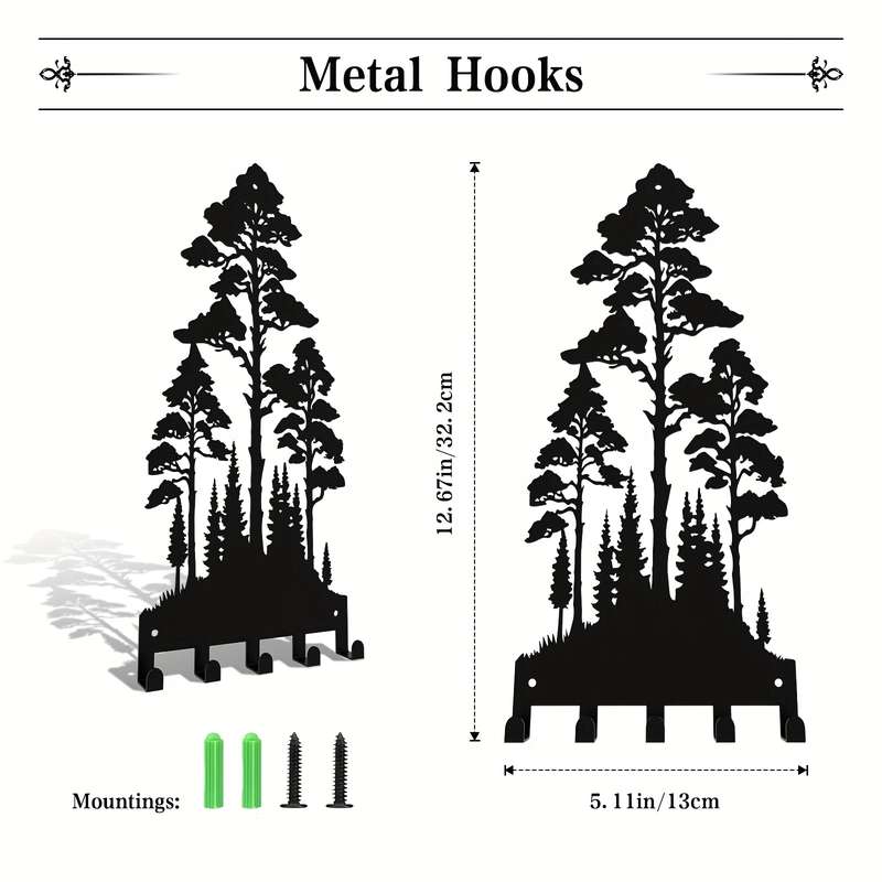 12-Inch Metal Wall-Mounted Key Organizer with 5 HooksBlack Forest Silhouette Design Easy to Ins