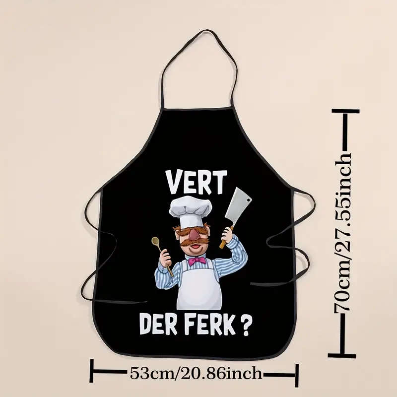 1pc Stylish Chef Print Polyester Apron Black with VERT DER FRECK Design Glossy Finish Perfect for Ki