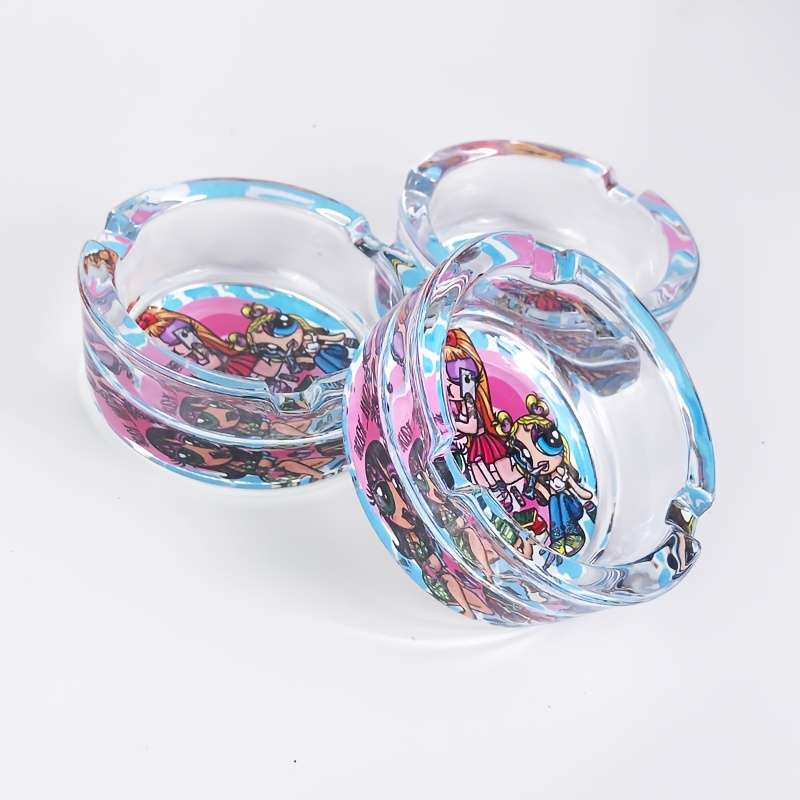1pc Glass Cartoon Pattern Round Smoke Ashtray 8.48cm Neutral Novelty Gift Christmas Gift for Ho