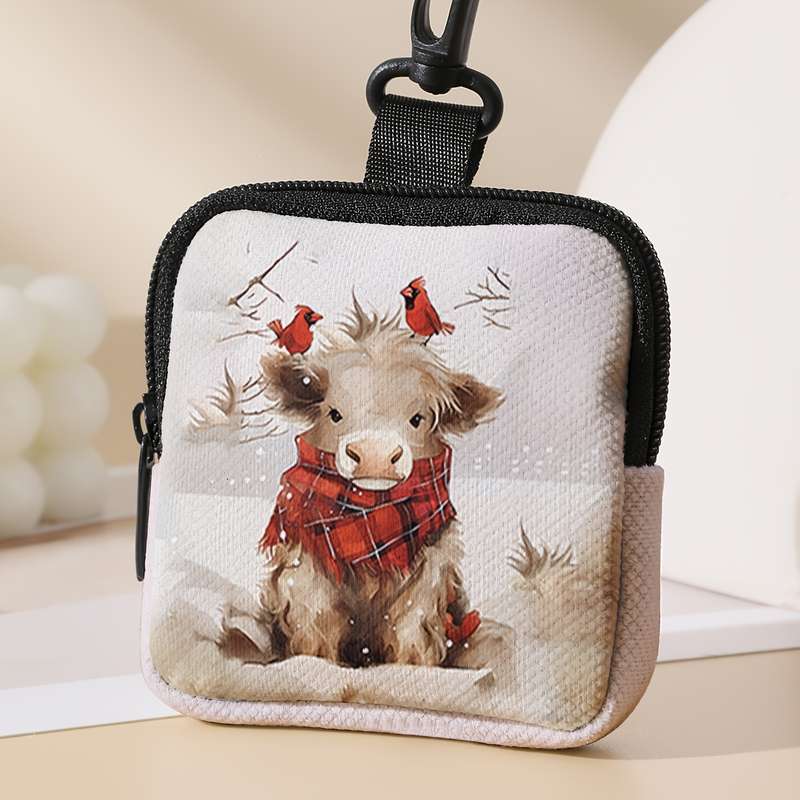 1pc 1pc Bird Necktie Calf Pattern Printed Coin Purse with Buckle and Zipper Pocket Multifunctiona