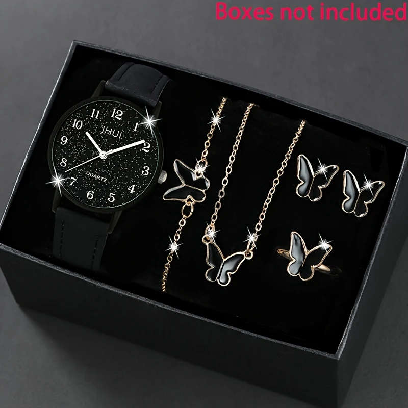6pcs set Women's Fashion Casual Trendy Quartz Watch and Bracelet Necklace Ring Earrings Jewelry Set