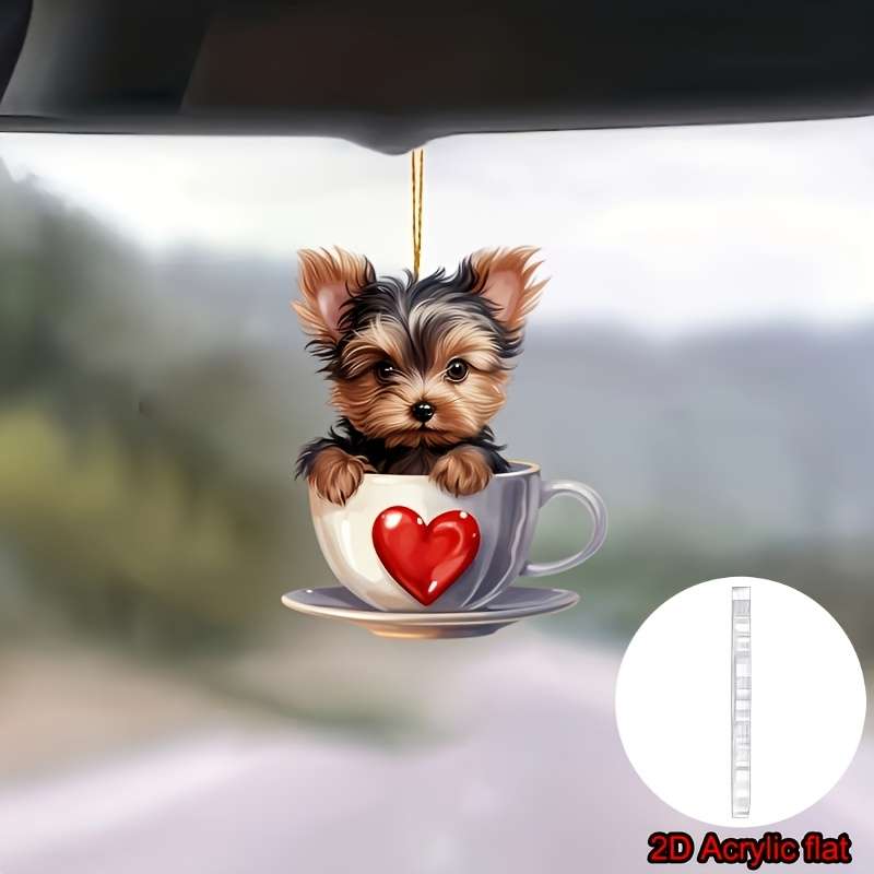 1pc 2D Flat  Adorable Yorkshire Terrier in Teacup Acrylic Pendant Versatile  Charm Hanger for H