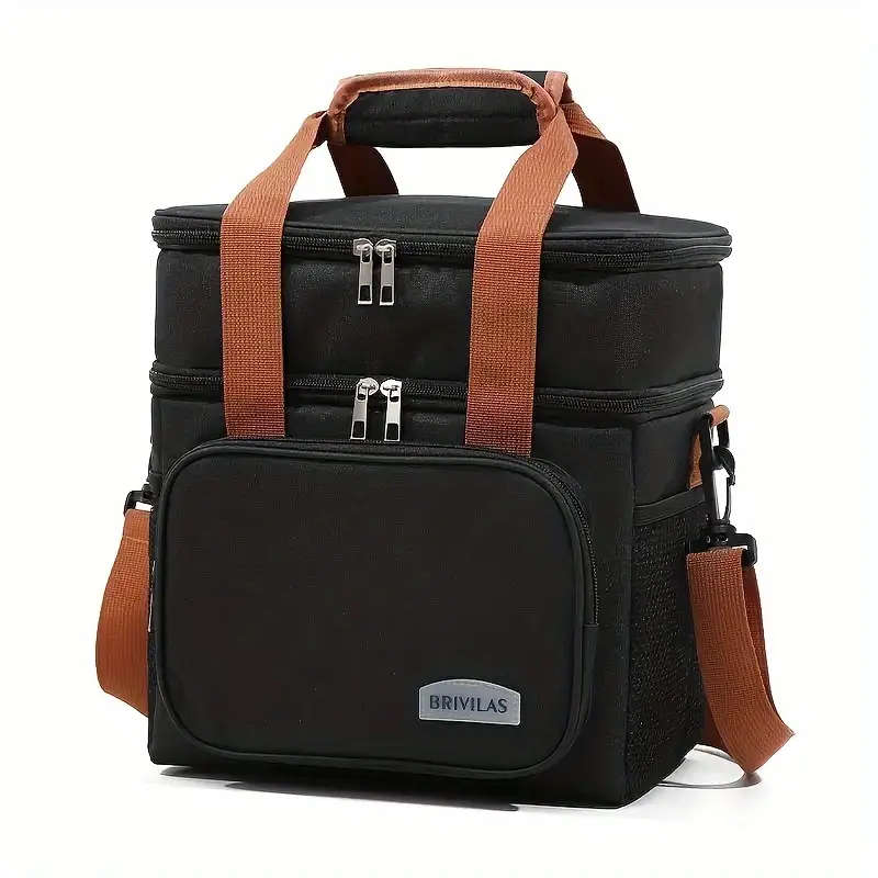 Insulated Lunch Bag Leak-Proof Double-Layer Polyester Reusable with Zippered Pockets