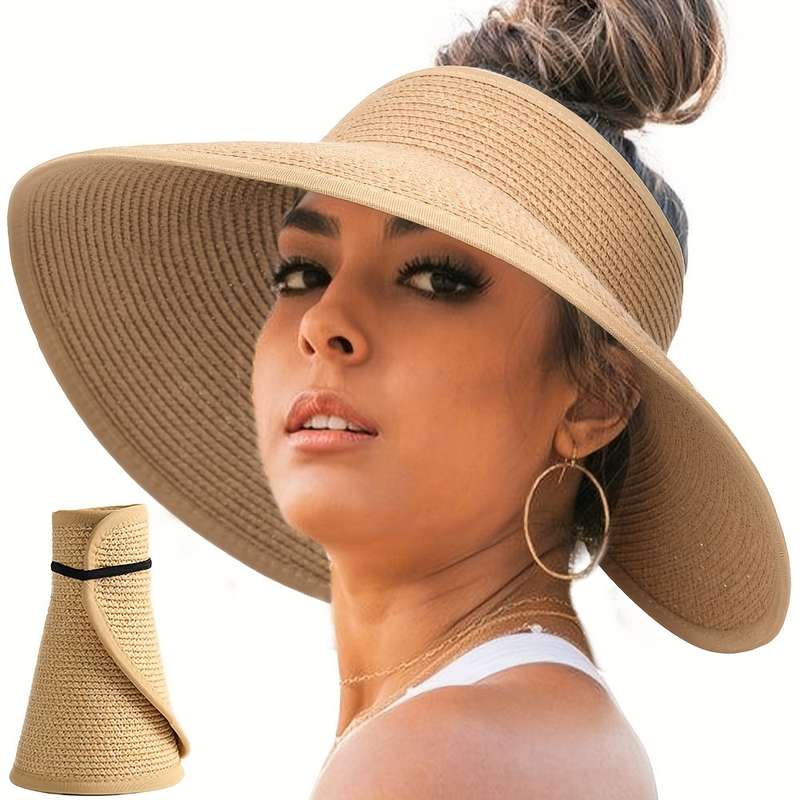 1pc Women'S Wide Brim Straw Sun Visor Hat Packable Foldable Summer Beach Travel Ponytail Hat