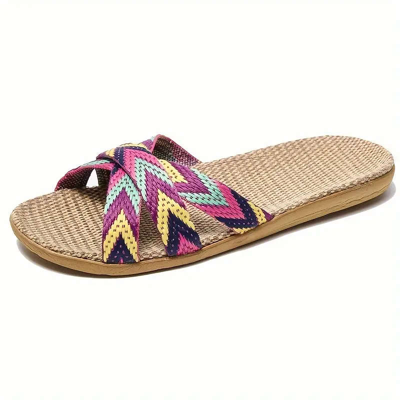 Women's BOHO Striped Linen Slippers - Summer Fashion, Comfortable Indoor/Outdoor Flats with EVA Sole