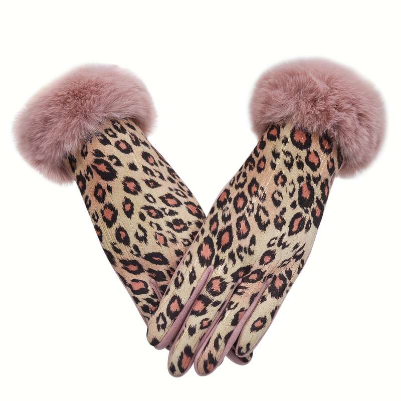 1 Pair Leopard Print Hair Mouth Gray Black Warm Gloves