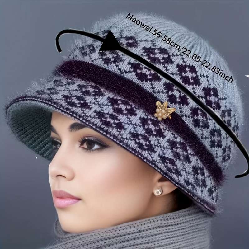 1pc Festive Fantasy Women's Knitted Hat with Pompom Ears Lightweight Color-Blocked Design Suita