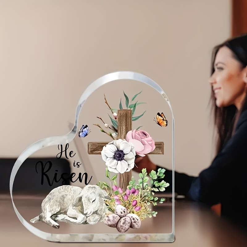 1pc 2D Flat  Heart-Shaped Acrylic Easter Decoration "He is Risen" Lamb and Cross Design with Flor