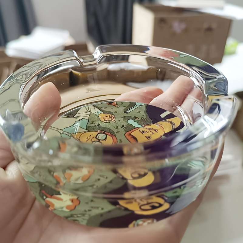 1pc Vibrant Cartoon Family Glass Ashtray 85mm Round Colorful Character Design with Animated