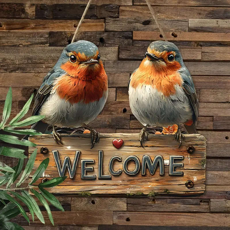 1pc Rustic Robin Wooden Welcome Sign 24.89cmx21.08cm Wall Mount Farmhouse Decor for Home Garden No E