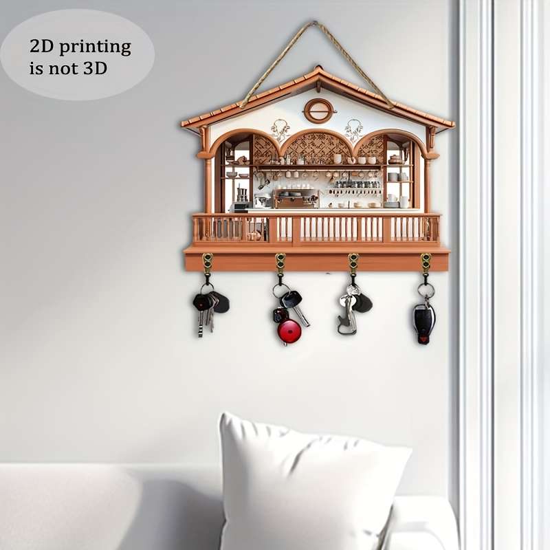 2D Flat 1pc Charming Cottage Simple Colorful Wooden And Home Key Hanger with Four Metal Hooks (30