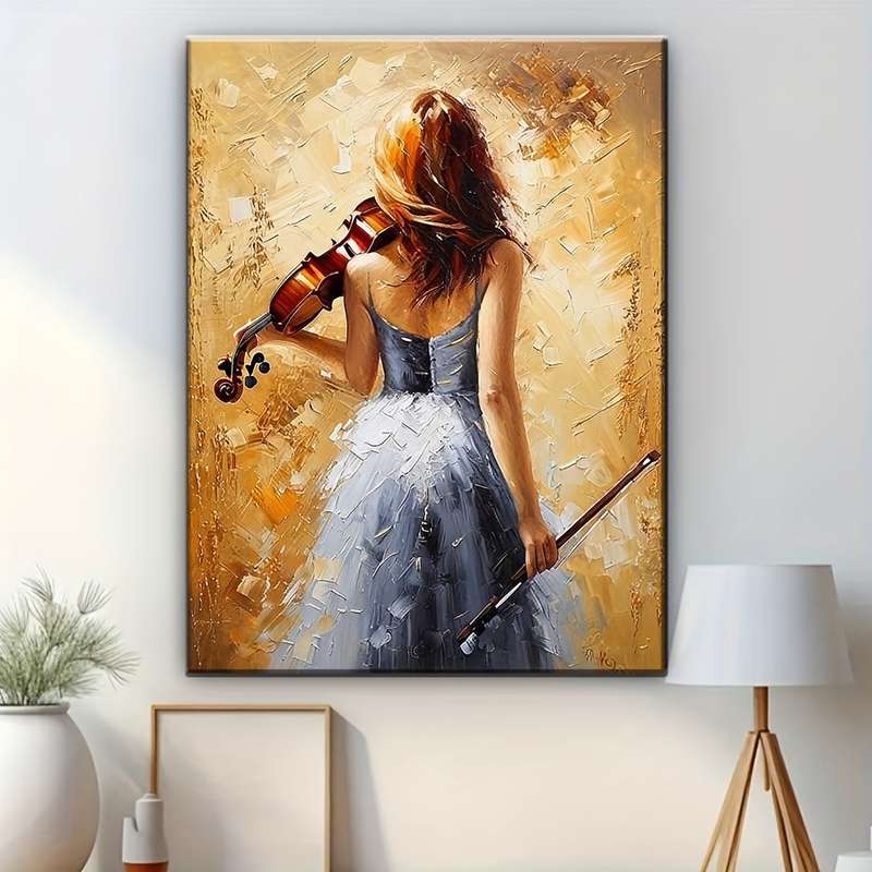 1pc  Elegant Violinist Art Print Music-Themed Wrapped Canvas Frame with Pine Wood Back View W