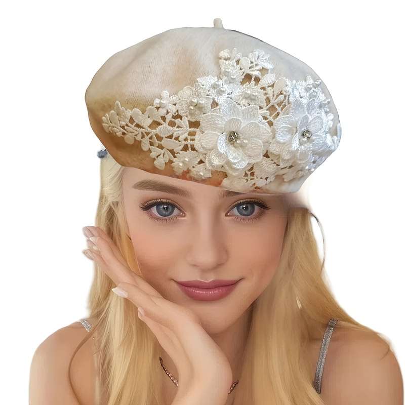 1pc Stylish Knitted Beret with Embroidery Design and Rhinestone Accents Vintage Style Fashionabl