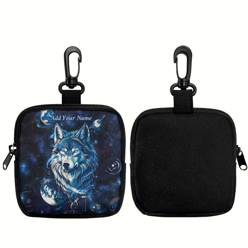 1pc Starry Arctic Wolf Coin Purse Customizable Name Black Polyester Mini Wallet with Keychai