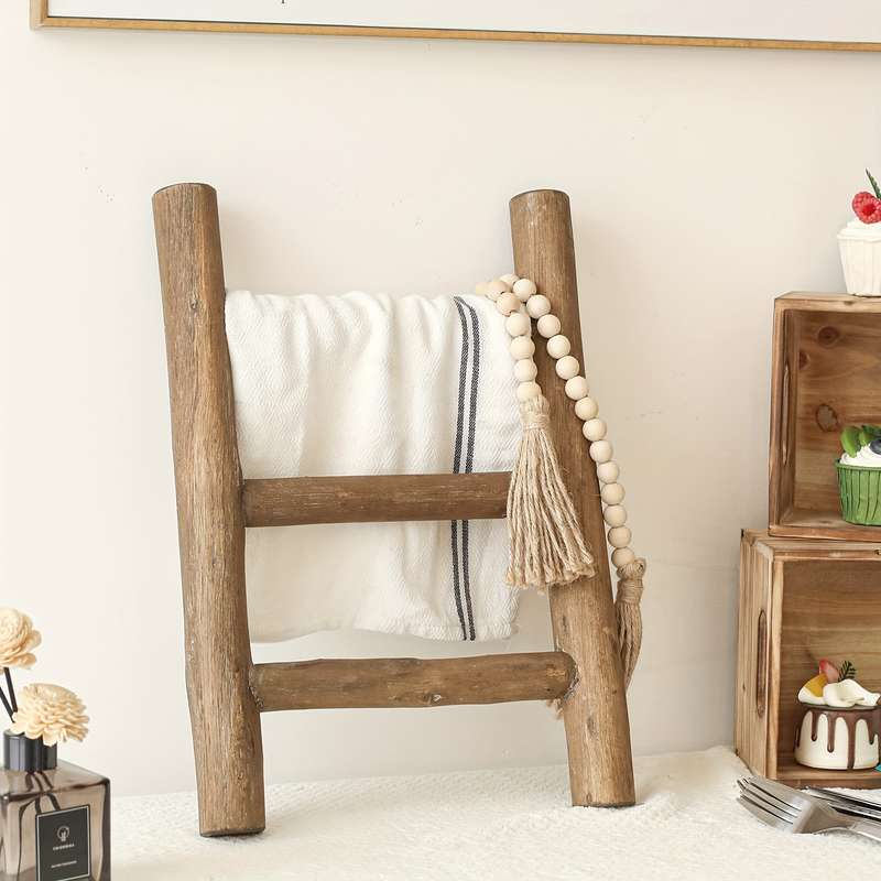 1pc Rustic Farmhouse Mini Wooden Ladder Versatile Tea Towel Holder Display Rack for Kitchen and