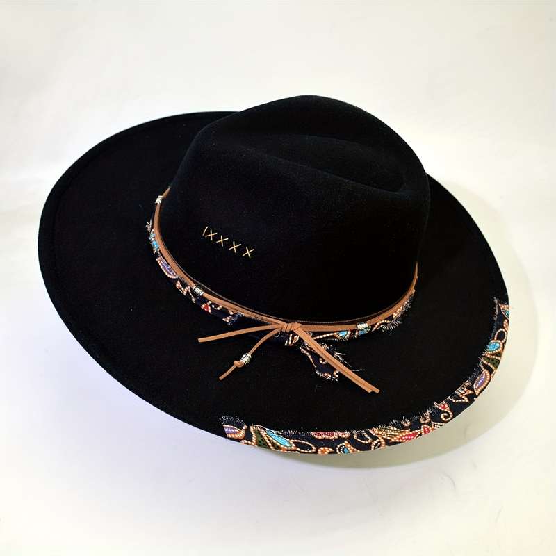 1pc Boho Trim Rope Decor Fedora Hats Classic Solid Color British Style Felt Hat Trendy Jazz Fedoras