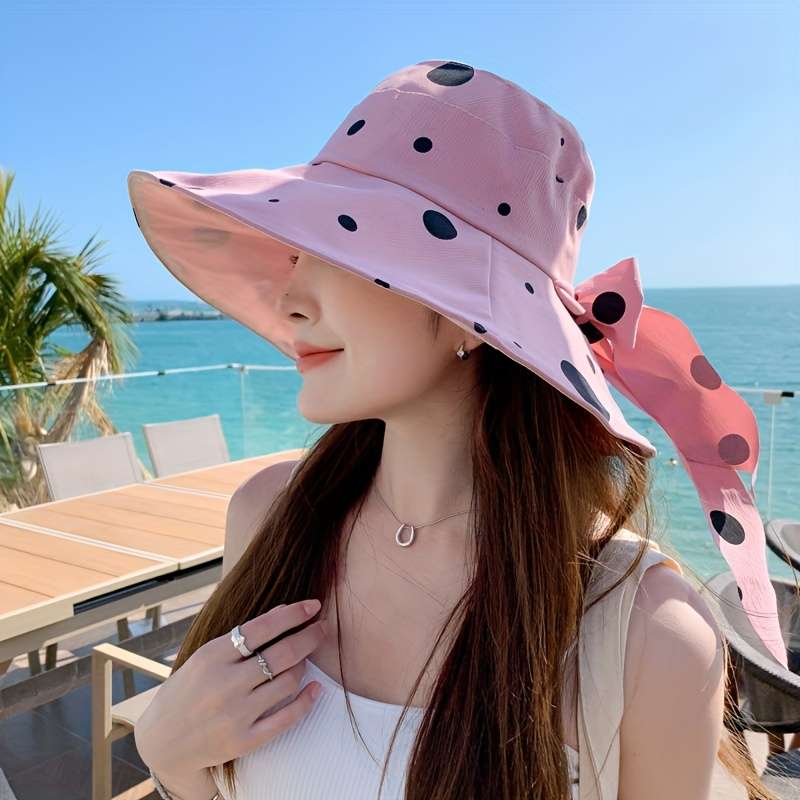 1pc Stylish Polka Dot Summer Sun Hat Wide Brim UV Protection Bucket Hat for Women Yellow wit