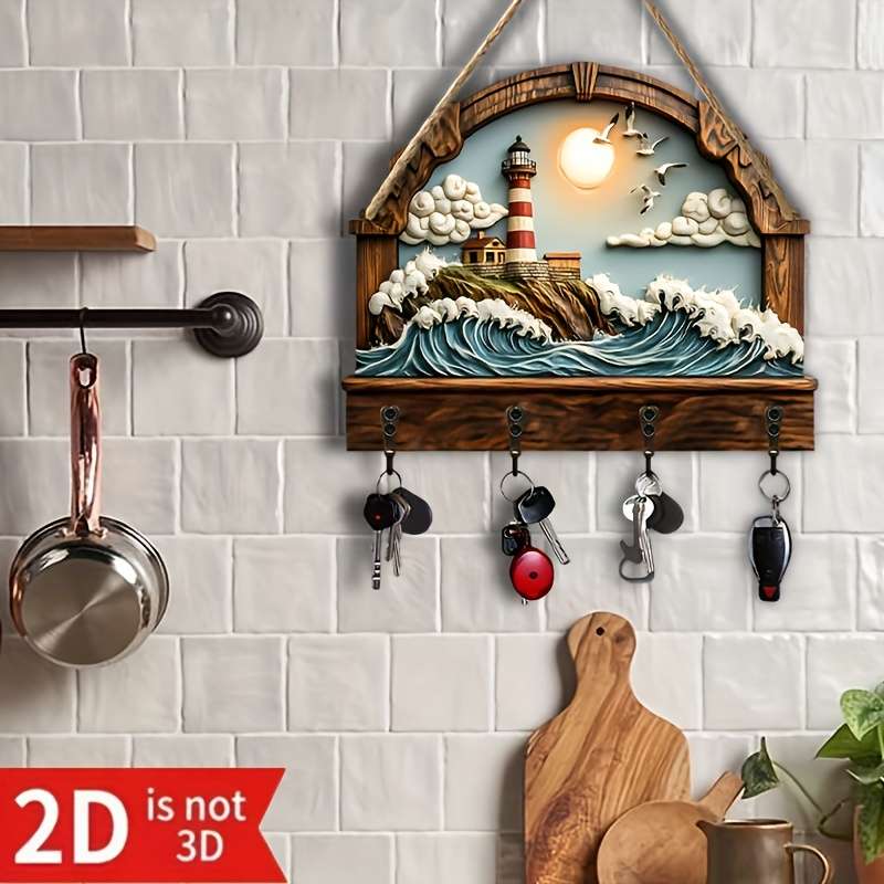 2D Flat 2d/Flat Seaside Lighthouse Simple and Colorful Wooden Home Key Hanger with Four Metal Hooks