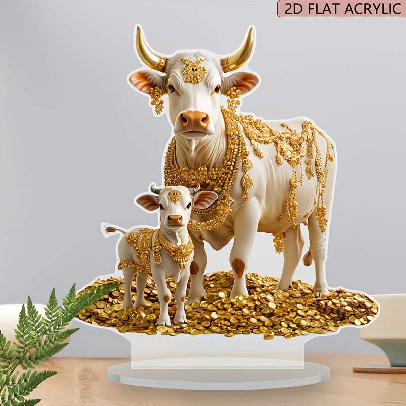 1pc 2D Flat   Boho Style Acrylic Cow Figurine  Animal Theme Tabletop Decor for Home Offi