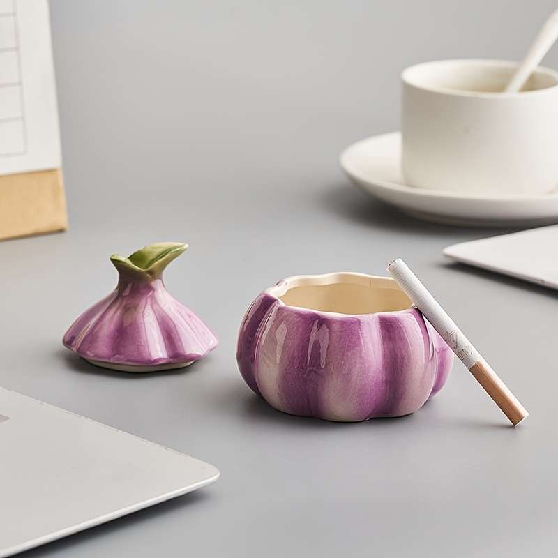 1pc Art Deco Style Garlic-Shaped Ceramic Ashtray Round Home Decor Trinket Simple Design No E
