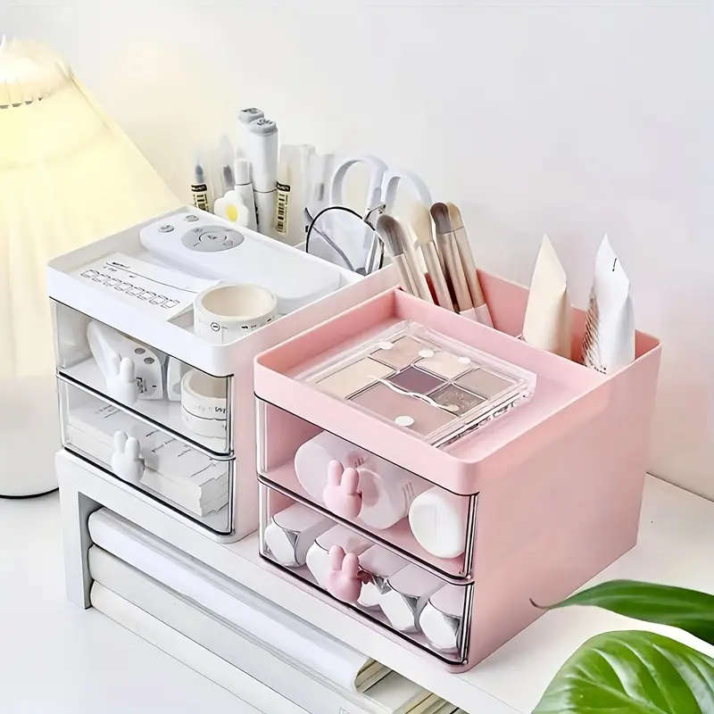 1pc Cute Rabbit Multi-grid Plastic Desktop Storage Drawer Box Adjustable Freestanding Durable Storag