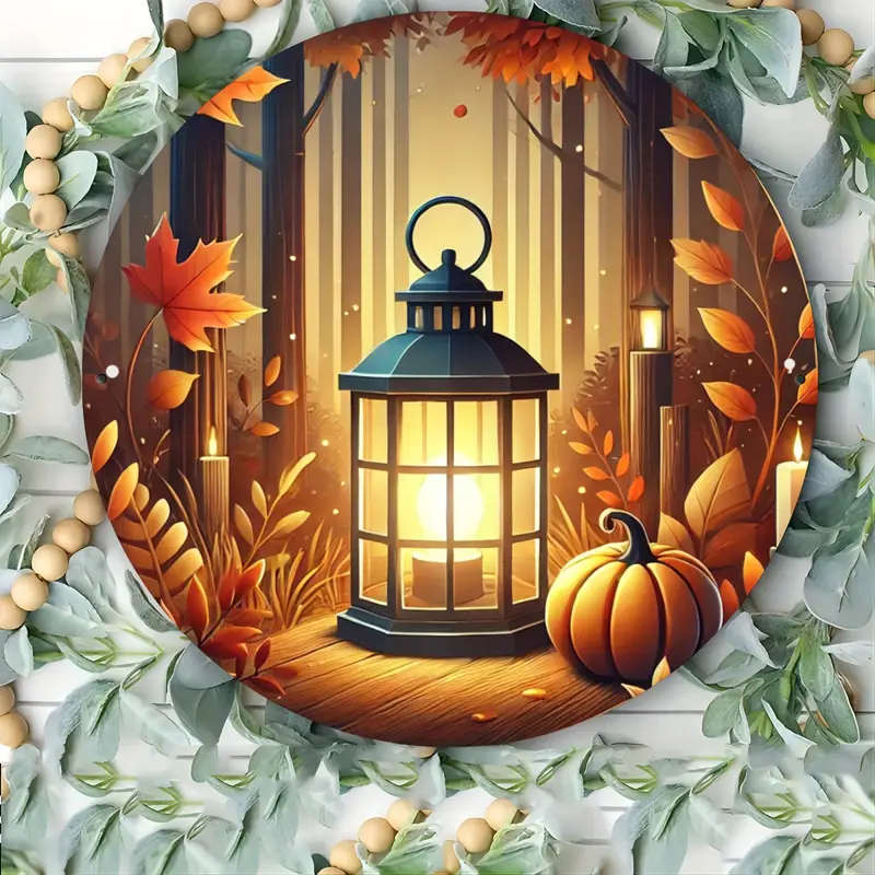 1pc Autumn Lantern Aluminum Wall Art 20.32cm Round Durable Easy-to-Clean Metal Poster for Home Bedro