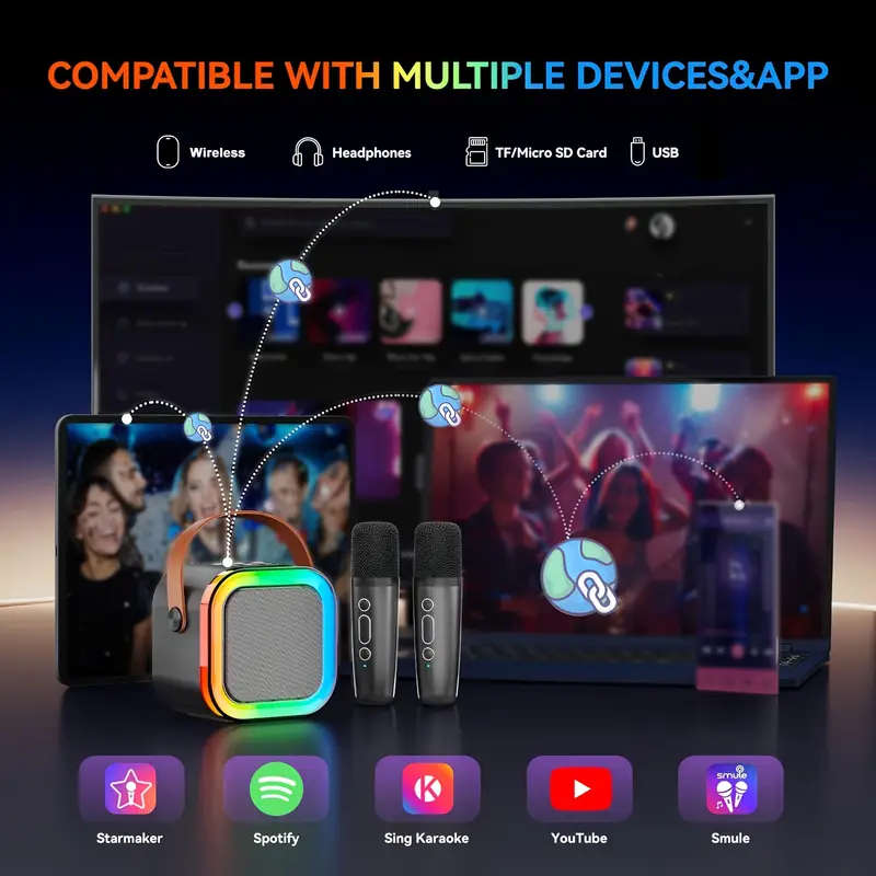 Mini Karaoke Machine for Youngsters Wireless Speaker with 2 Wireless Microphone and LED Lights