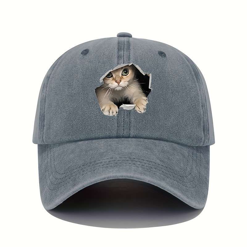 1pc Vintage Washed Cotton Baseball Cap with 3D Cat Print Adjustable Stretch Fit Lightweight All-S