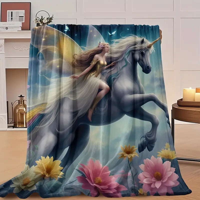 1 Romantic Unicorn and Floral Design Printed Flannel Blanket 100CM*130CM