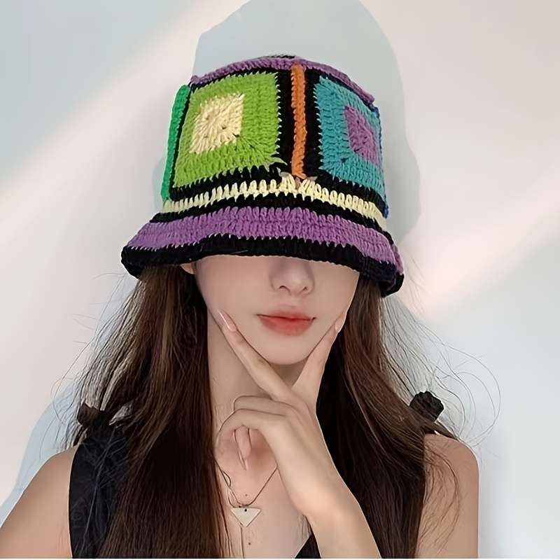 1pc Colorful Handmade Crochet Bucket Hat for Women C Vibrant Striped Knit Fisherman Cap Perfect fo