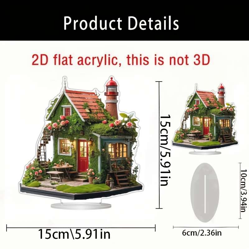 1pc 2D Flat  Bohemian Style Acrylic Holiday Village House Vibrant Lighthouse Cottage Scene with